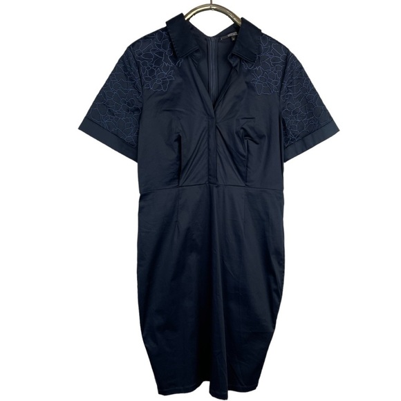 BADGLEY MISCHKA NAVY SATEEN FLORAL EMBROIDERED SHIRT COLLAR FITTED SHEATH DRESS - Picture 3 of 14